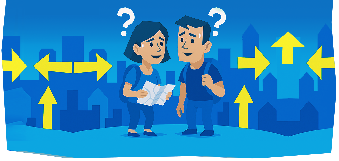 Verdwaalde mensen Een vrouw en een man die verdwaald zijn in een stad